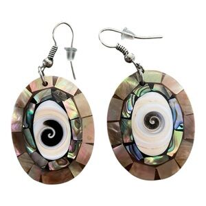 Iridescent Paua Abalone Natural Shell Swirl Earrings, Handmade Shiva Eye Center